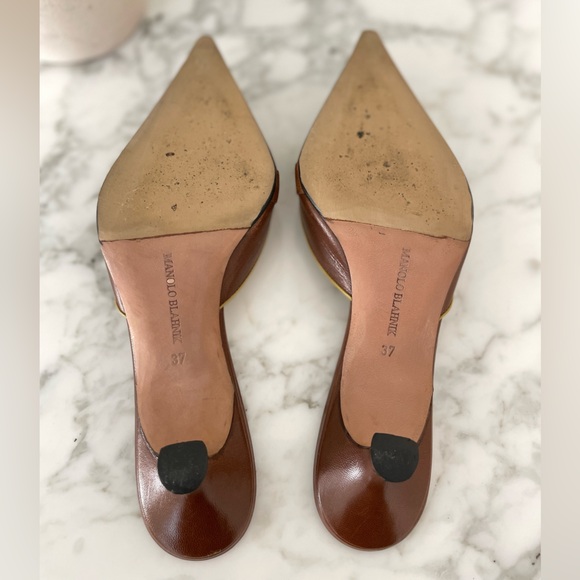 Manolo Blahnik Chartreuse Chocolate Leather Kitten Heels Size 37 - Picture 7 of 12